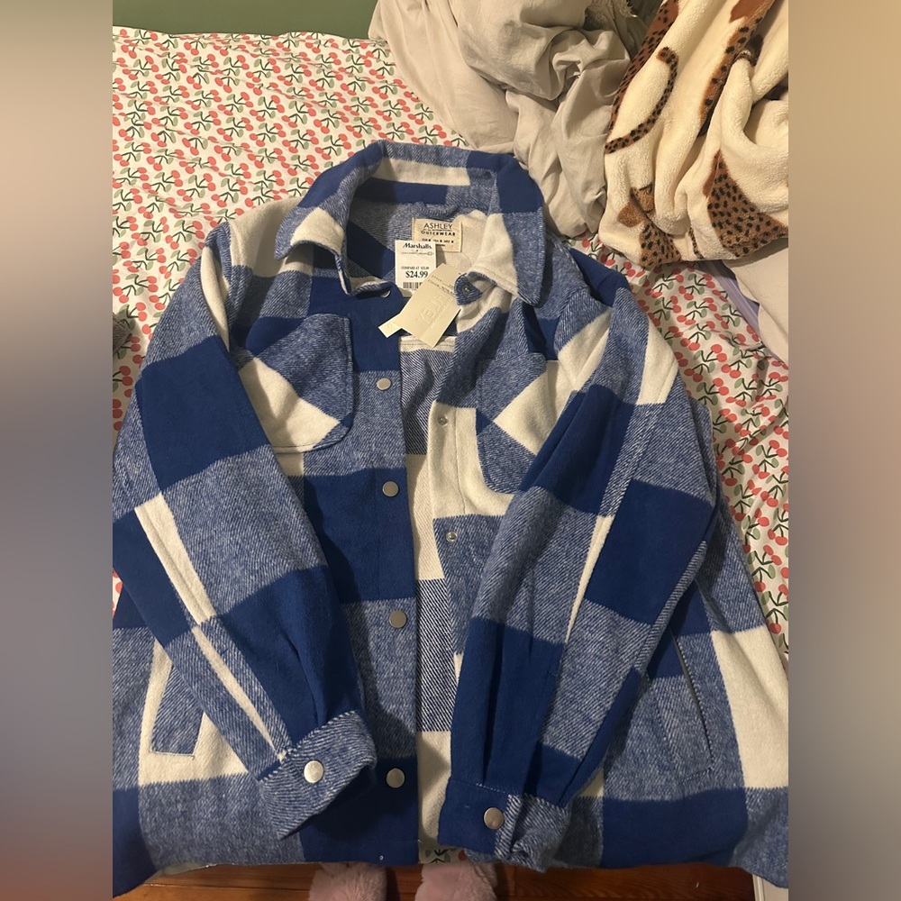 Ashley Outerwear Blue and White Plaid Utility Jacket